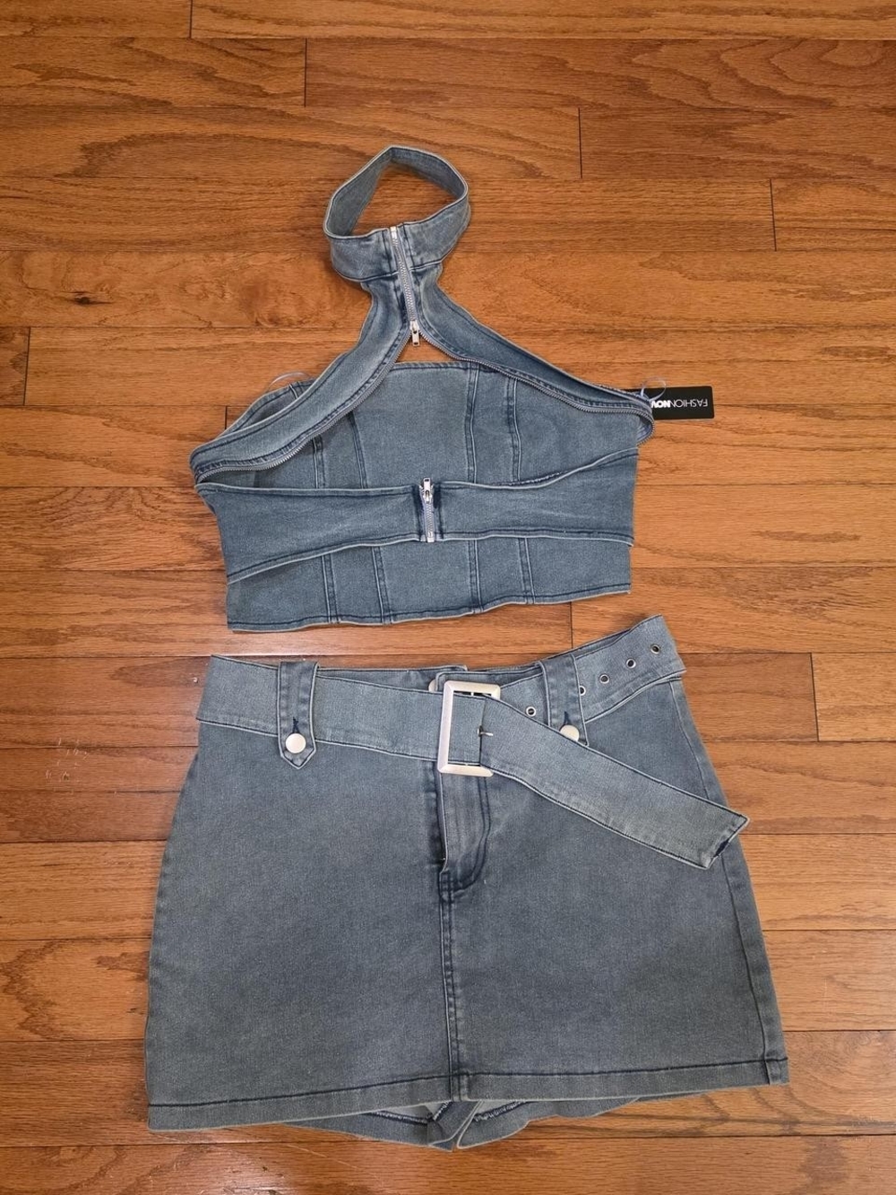 Fashion Nova Denim Halter Crop Top And Mini Skirt Set - Sz L 8~10